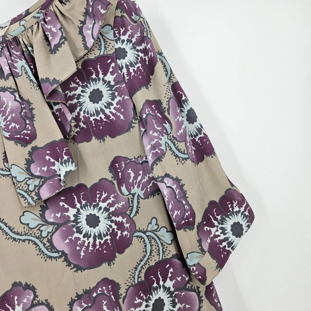 Tucker Shift Dress Purple Tan Floral Print Silk Ruffled Half Sleeve Midi Size S - Picture 3 of 7